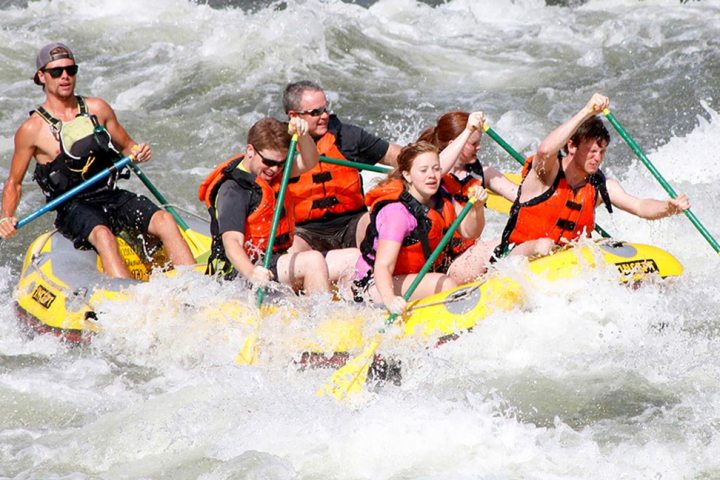 a group of people riding skis on a raft in a body of water